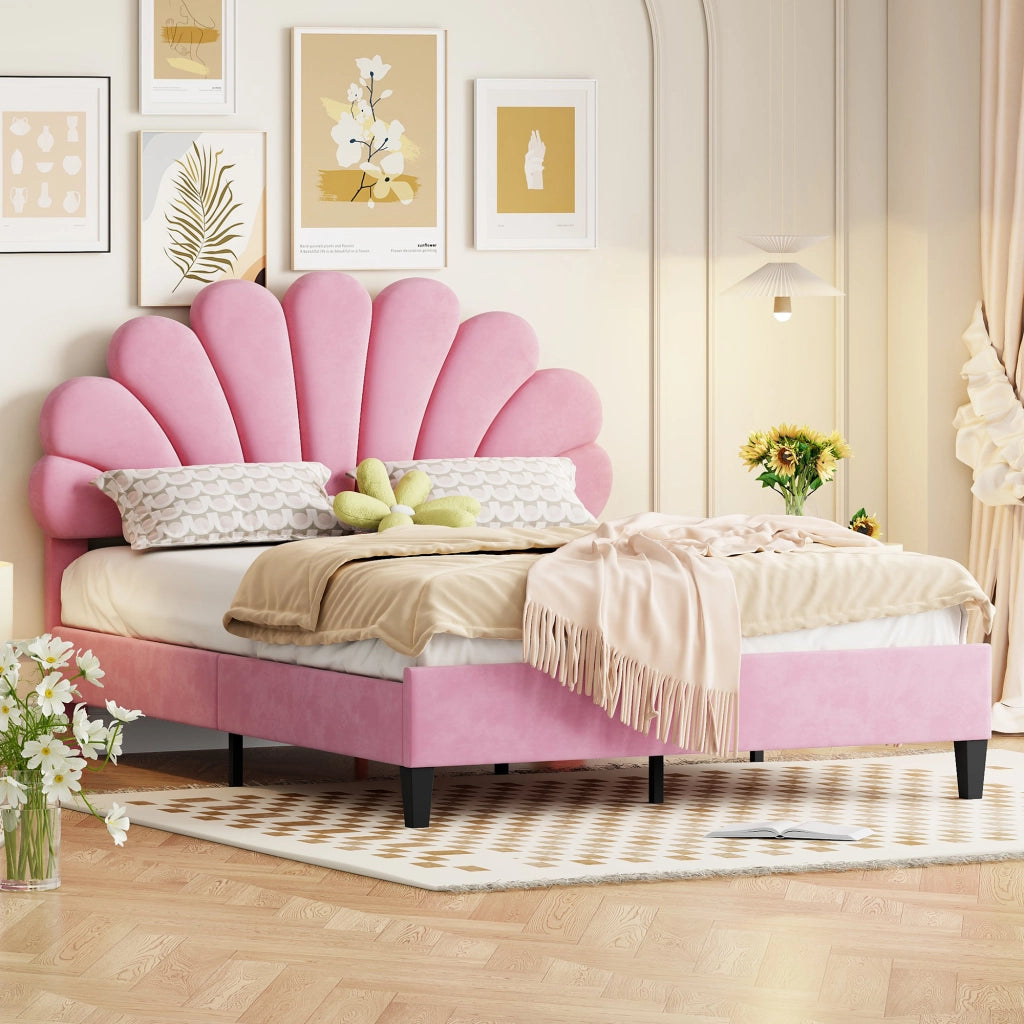 OKWISH Letto Imbottito 140×200 cm, Letto Matrimoniale con Testiera a Fiore e 12 Doghe Rinforzate, senza Materasso, Rosa