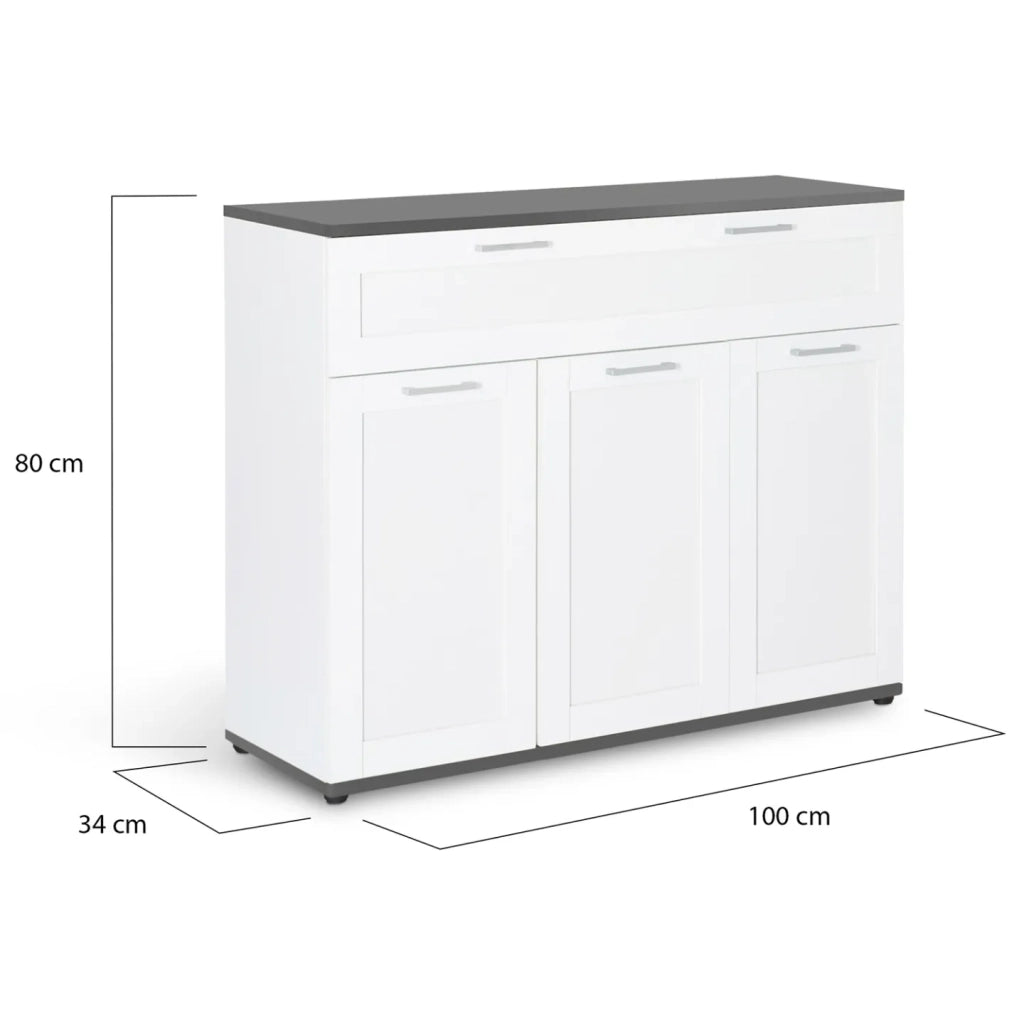 IDMarket - Aparador VITO con 3 puertas y 1 cajón, tapa blanca y gris 100 cm