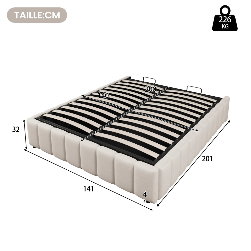 OKWISH Letto Contenitore 140×200 cm, Letto Matrimoniale con Contenitore Idraulico, senza Testiera, senza Materasso, in Lino, Beige