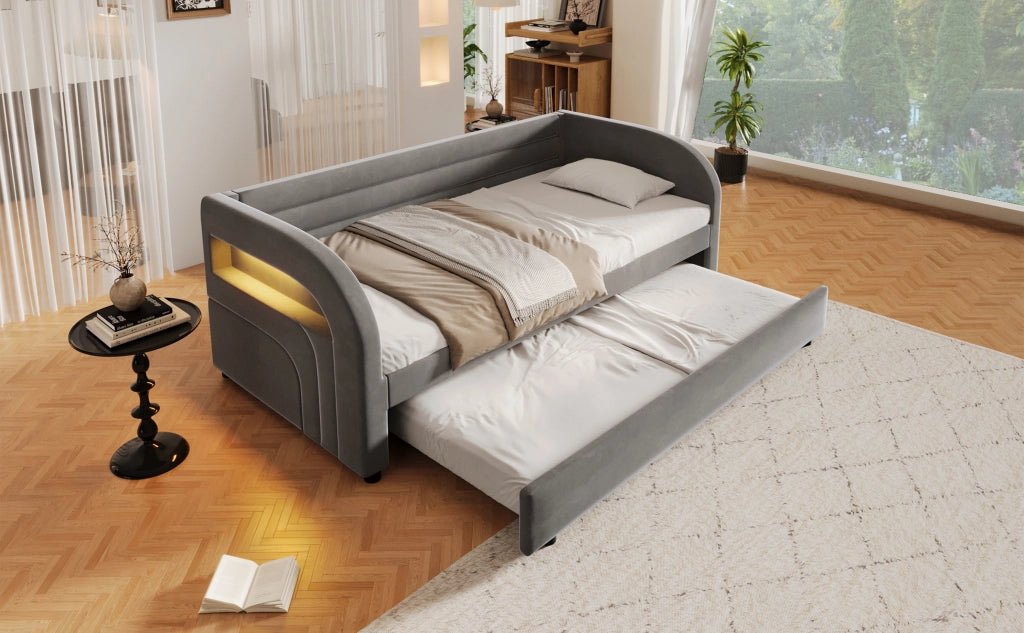 Letto singolo 90x200 in velluto con letto estraibile e LED, Grigio