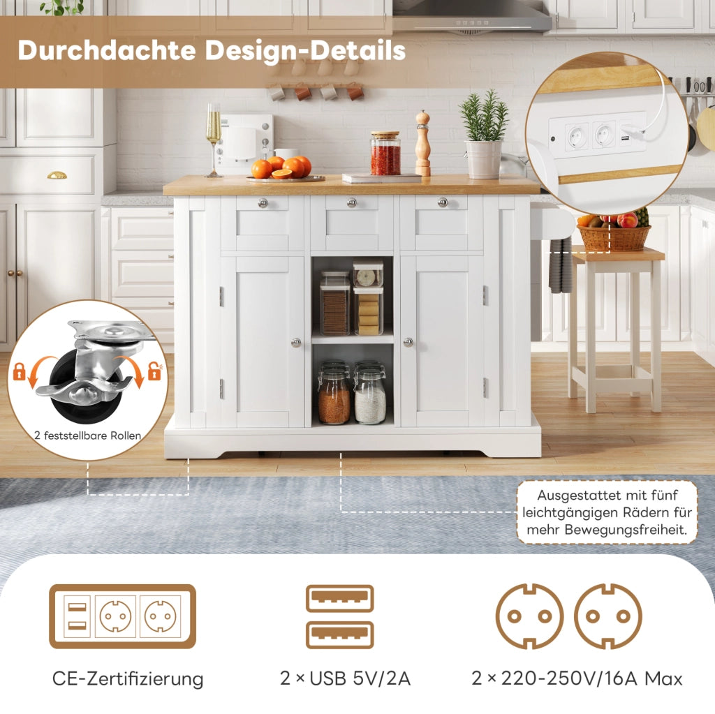 Isola cucina mobile con piano pieghevole e presa USB, 132 cm