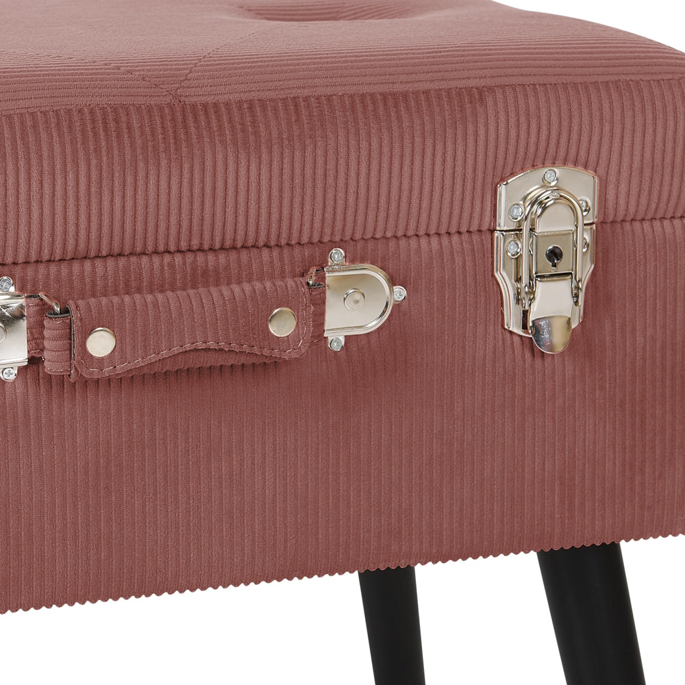 Comodino Sgabello Contenitore rosa imbottito in velluto a coste con gambe nere a forma di valigia con bottoni