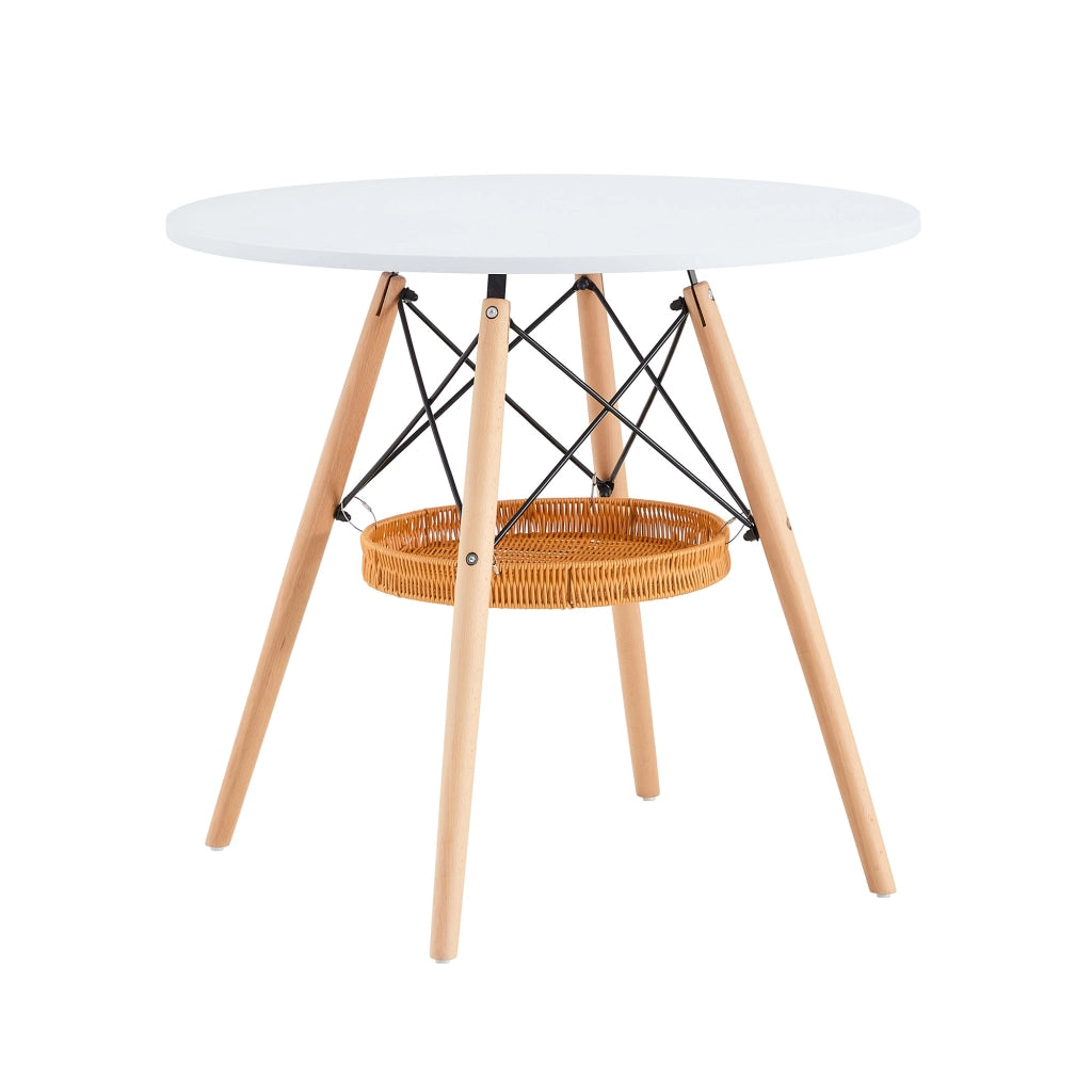 Tavolo rotondo da pranzo Ø80 cm bianco e legno con cestino portaoggetti, 2-4 posti