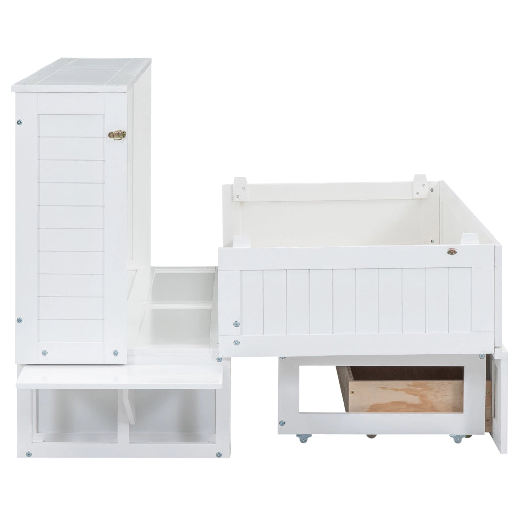 Letto a scomparsa matrimoniale 140x200 cm con cassetto e mensole; bianco