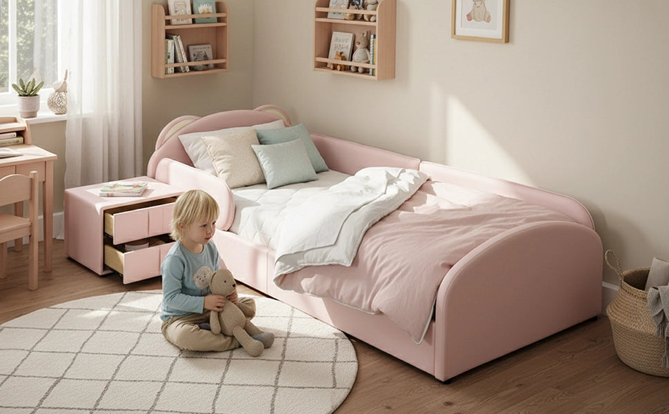 Letto per bambini 90 × 200 cm con testiera a forma di orso, comodino con 2 cassetti, senza materasso, rosa