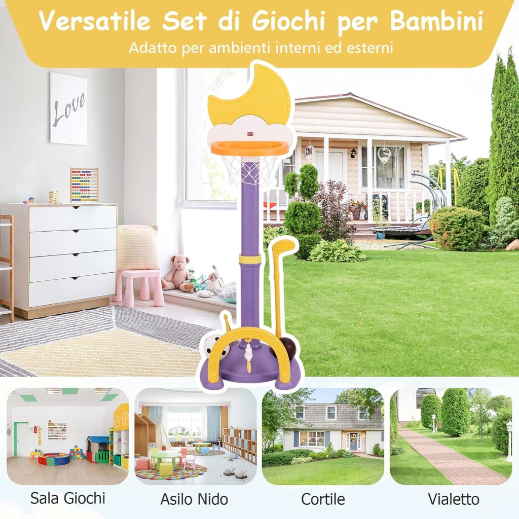 4 in 1 Canestro da Basket per Bambini, Centro di Attività Sportiva Regolabile con Basket Calcio Golf e Gioco del Lancio dell'Anello, per Interno ed Esterno, 3 Anni+ (Giallo)