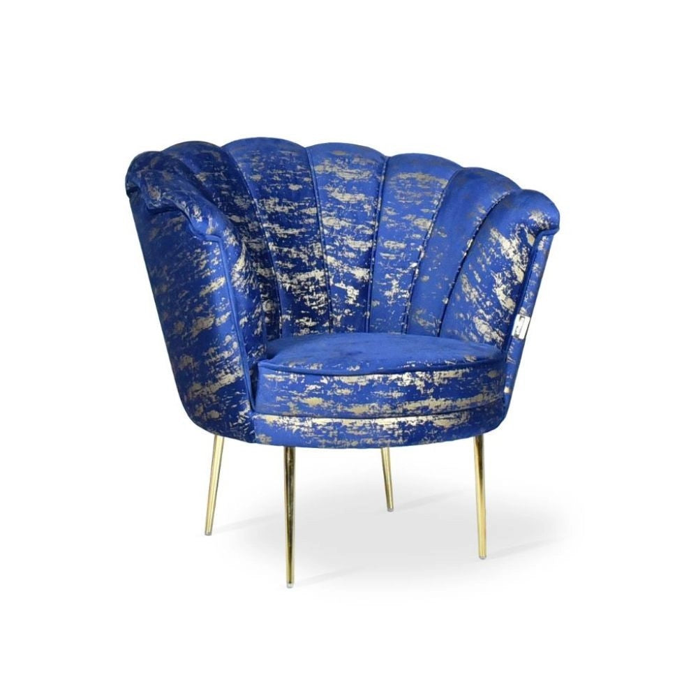 Poltrona Orel in velluto blu con fantasia oro Arya Gold 24 bordo blu e piedini oro H76xL70xP70