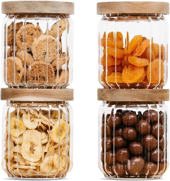 Contenitori in vetro con coperchio, 500 ml, 4 pezzi, stivabili e aereostatici, set di coperchi vuoti inclusi, disponibili, set di contenitori vetrati per uso domestico, grandi e piccoli.