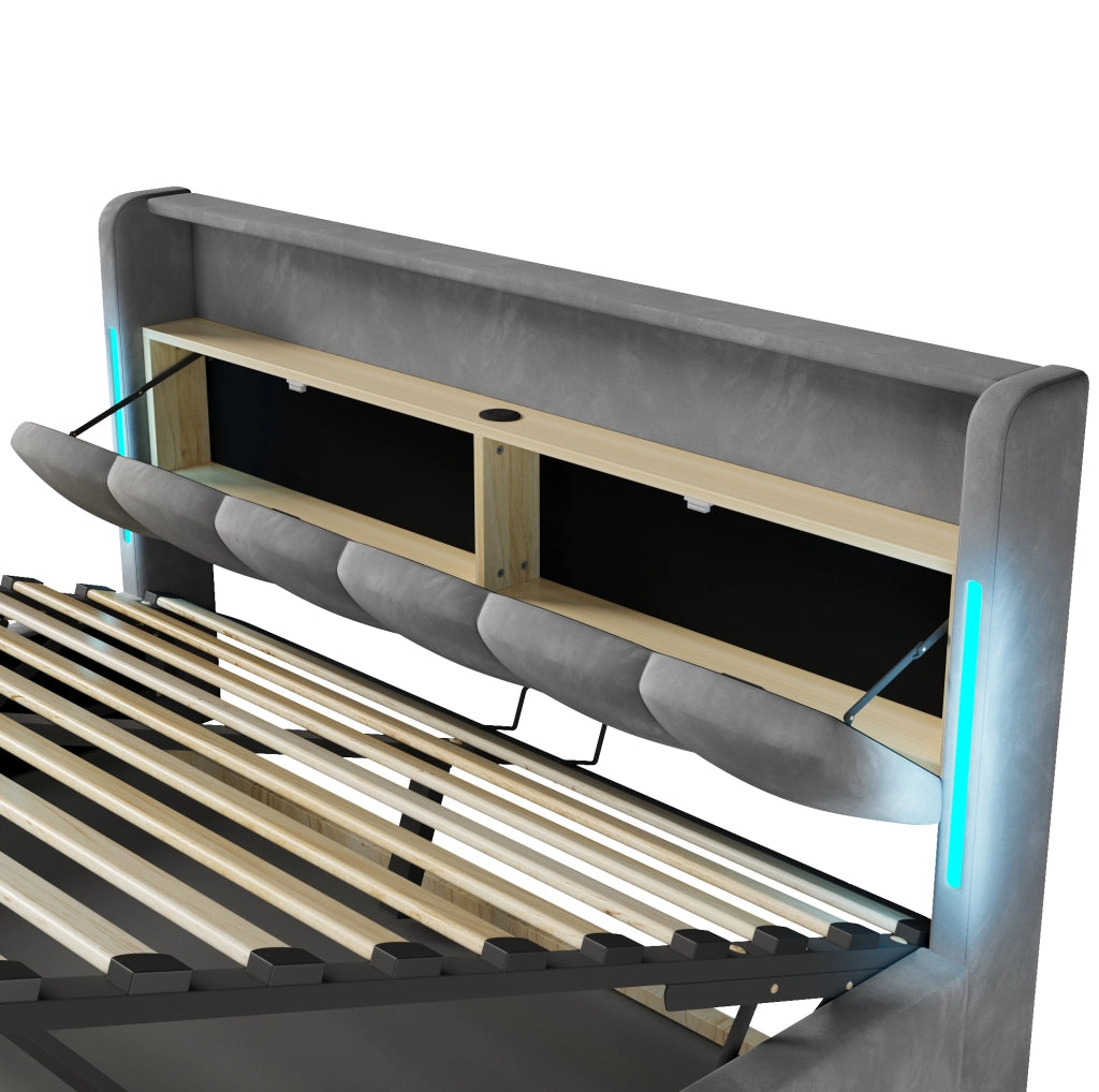 Letto imbottito 180x200 cm in velluto grigio con LED; vano contenitore e porte USB/Type-C