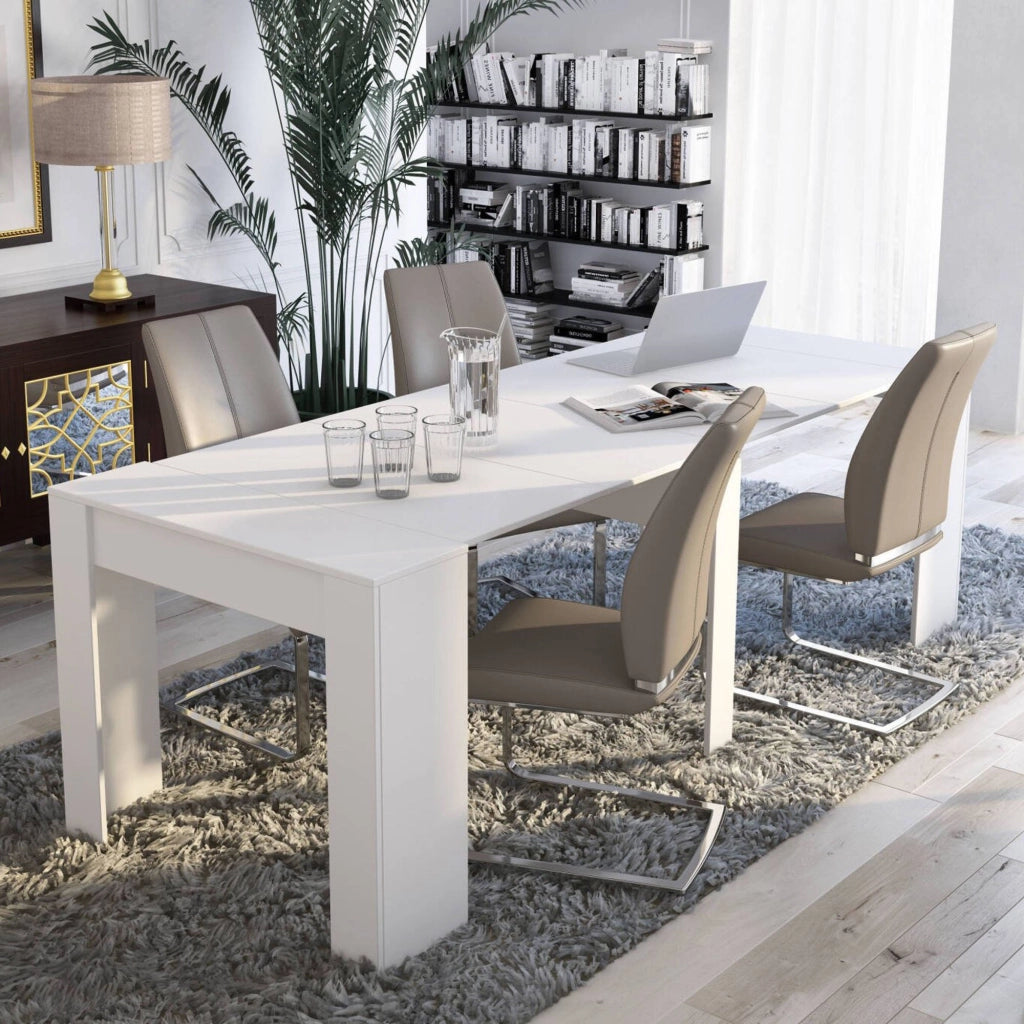Consolle allungabile Vaelis, trasformabile in tavolo da pranzo, salvaspazio ed estensibile fino a 237 cm, 90-237x76,6x90 cm, Bianco