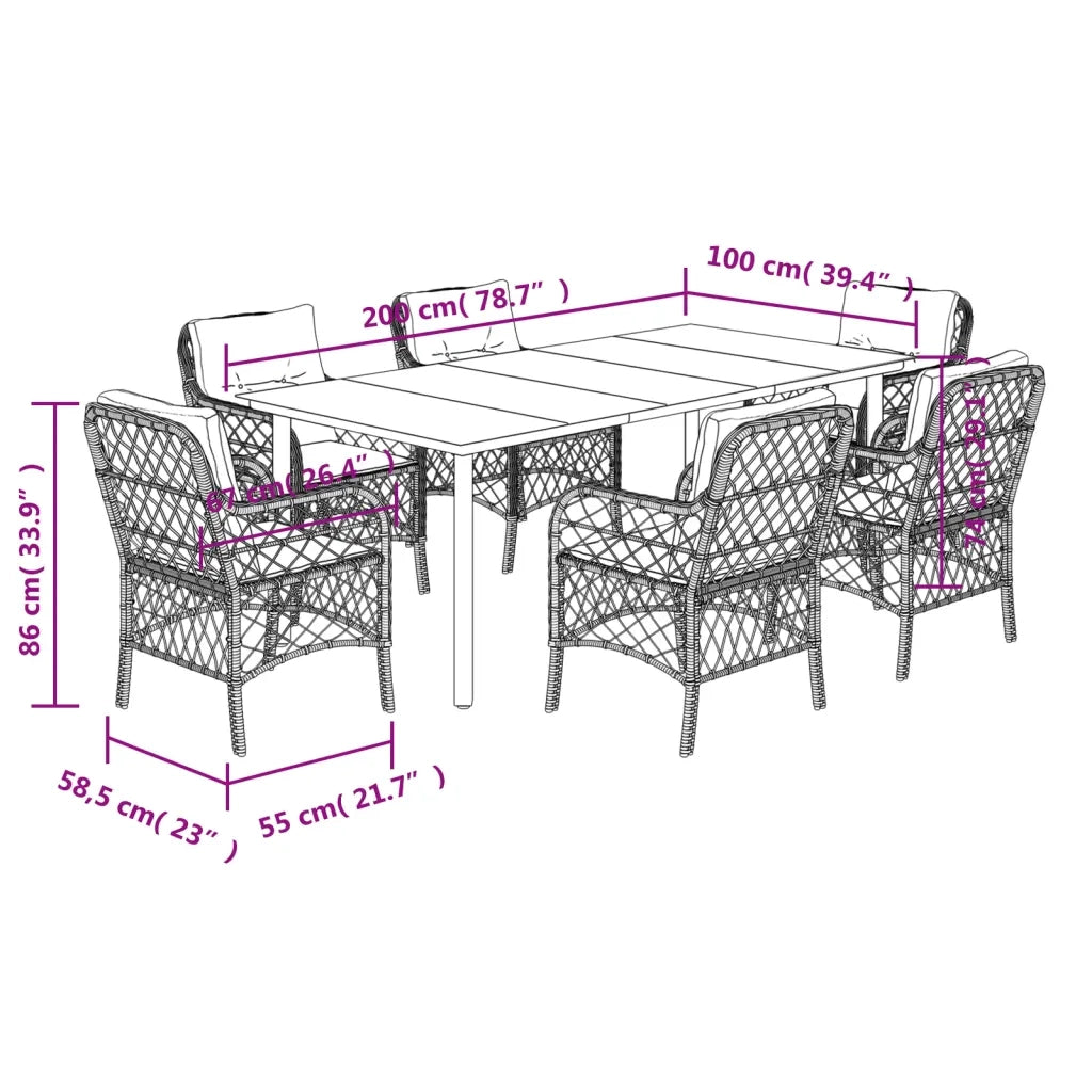 Set da Pranzo da Giardino 7pz con Cuscini in Polyrattan Marrone