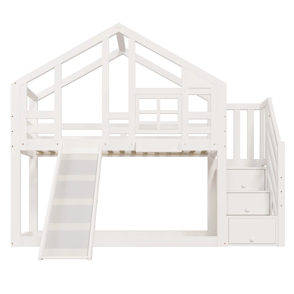 Letto a Castello Casetta 90x200 con Scivolo e Rete a Doghe ¨C MINIMAL ¨C Bianco