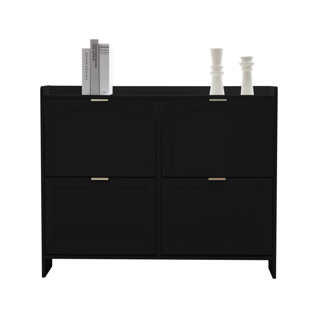 Scarpiera moderna nera con vani ribaltabili, ripiani interni regolabili e sistema antiribaltamento, Larghezza 110 cm
