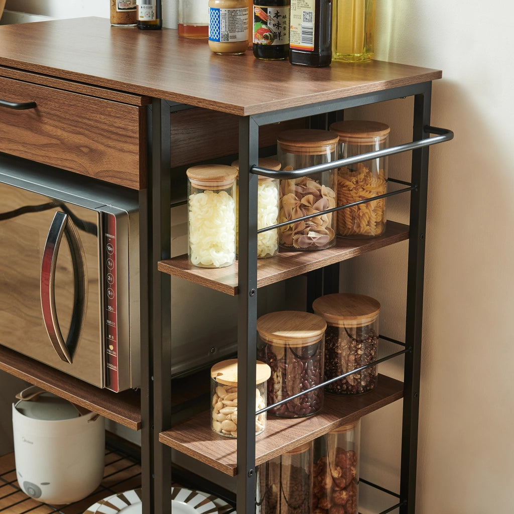 Scaffale da Cucina Kirhuskyna con Modulo Laterale Estraibile Girevole 130x40x85 cm Effetto Noce/Nero [en.casa]