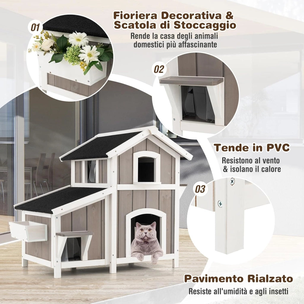 Casetta per Gatti con 2 Ingressi Frontali e 4 Bucchi con Tende in PVC, Villa per Gatti in Legno di Abete a 2 Piani con Tetto Impermeabile, Cuccia per Animali Piccoli, 100 x 64 x 82,5 cm
