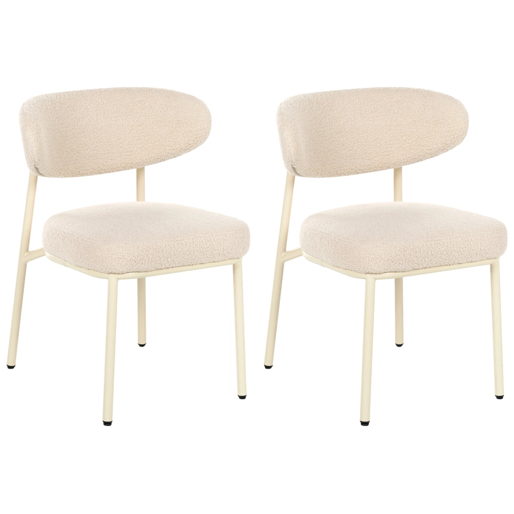 Set di 2 sedie da pranzo in bouclé beige chiaro senza braccioli con gambe in ferro e cappucci protettivi design retrò per sala da pranzo