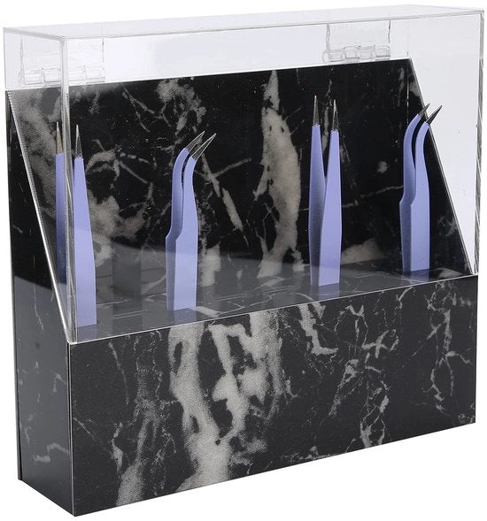 Ottimizzatore per Pinzette 8 Fessure - Supporto in Acciaio - Accessori di Salone - Raccordo di Magazzino - Copertura in Tela Translucida - 17,5 x 16 x 4 cm - Display per Pinzette