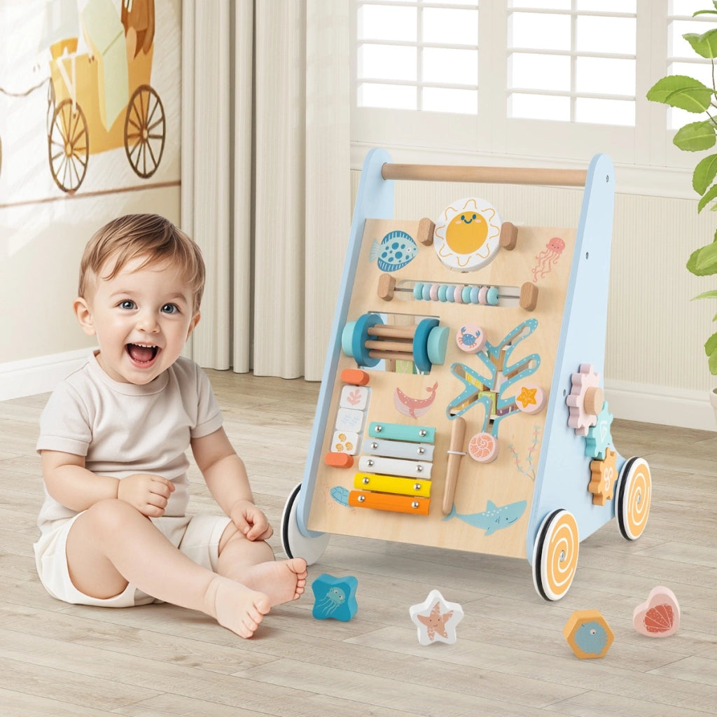 Girello in legno per bambini di apprendimento da spingere e tirare, Girello in legno per bambini per 1+ anni Blu