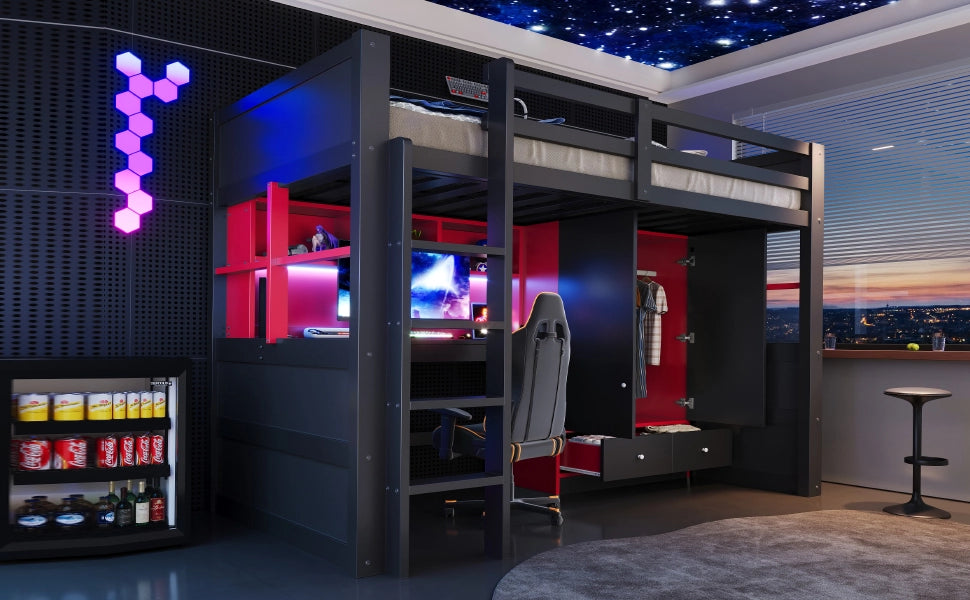 DESMIU Letto a soppalco 90 × 200 cm con scrivania, armadio, cassetti, LED, prese, senza materasso, nero e rosso
