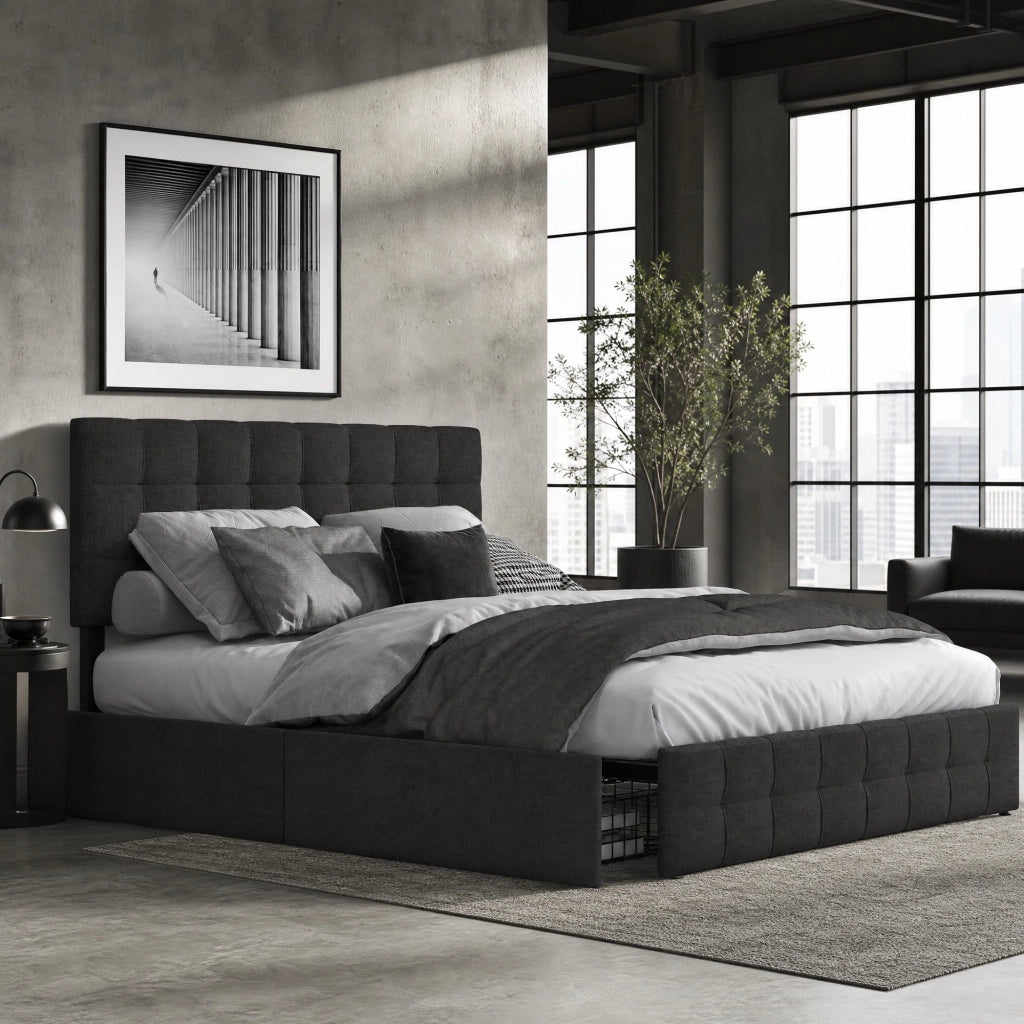 Letto matrimoniale imbottito con 4 cassetti, rete a doghe in acciaio e testiera regolabile 140x200 cm, nero