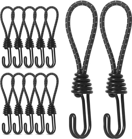 Cordoni elastici 12 pezzi 20 cm cinture in gomma con anello di chiusura - rete per tende da campeggio zaini ombrelli - nero.