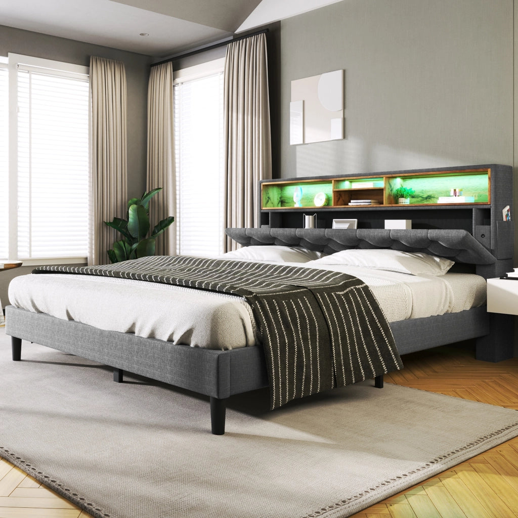 LETTO imbottito 140x200 cm Grigio con testiera contenitore e LED