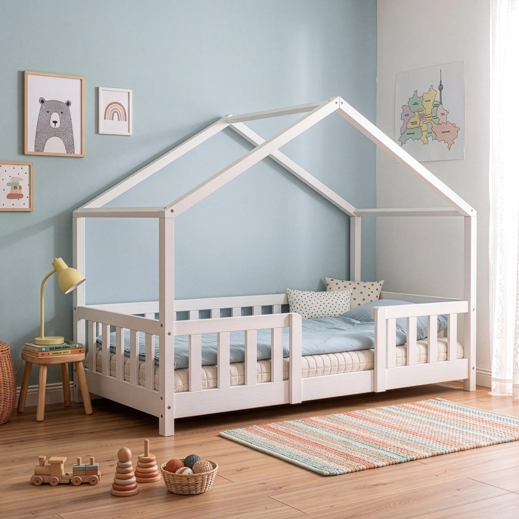 Letto per Cameretta Treviolo a Forma di Casetta in Stile Montessori 80x160 cm Bianco [en.casa]