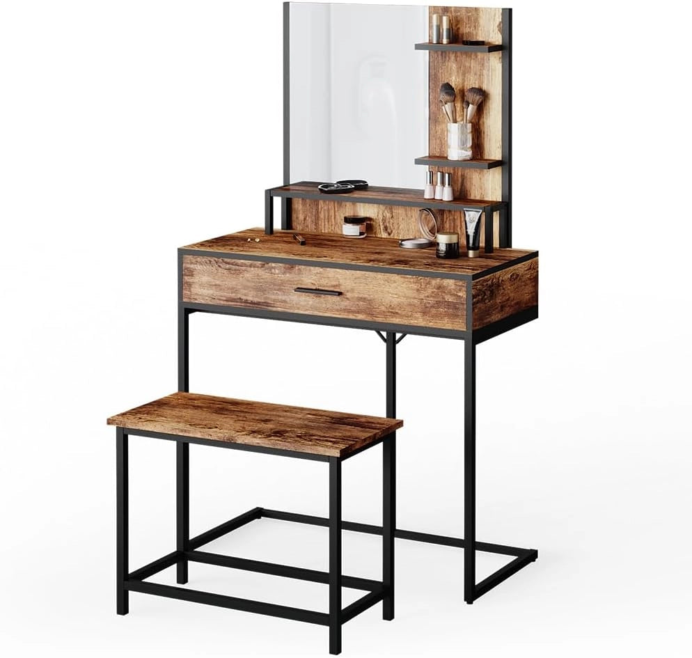 Tavolo da toeletta Fyrk, Legno antico, 80 cm con sedia, adatto come seduta e piano d’appoggio per area trucco