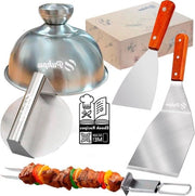 Grillset 4 pezzi in acciaio inossidabile - hamburger pressa, spatola, spiedino e coperchio - certificato CE - contatto con alimenti smash burger