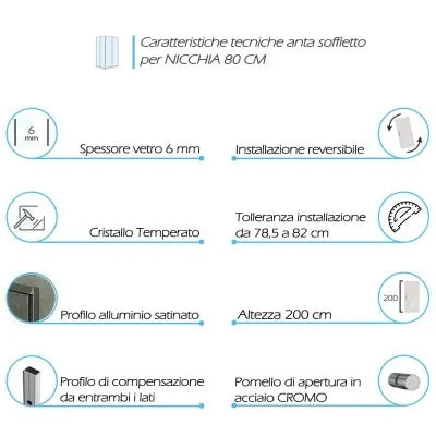 Porta doccia nicchia 80 cm a soffietto con vetro in cristallo trasparente Ted