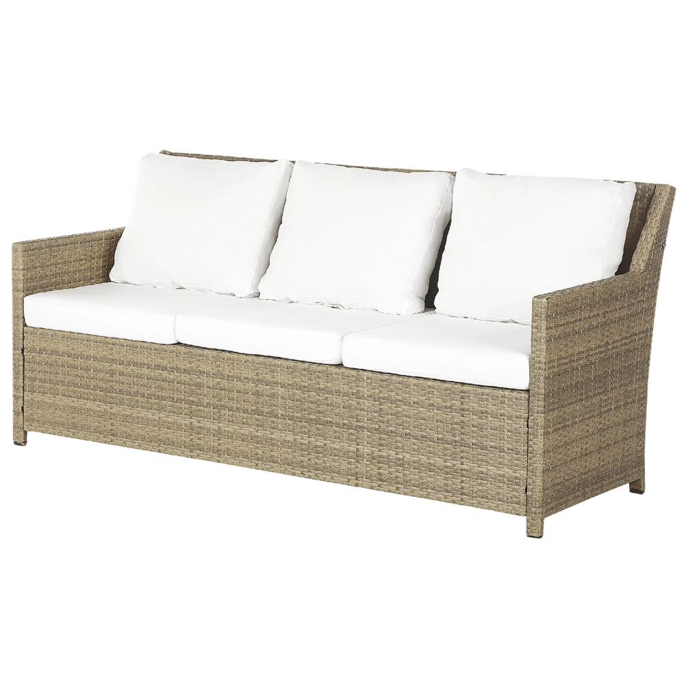 Set Divani Da Giardino Marrone Rattan Bianco Cuscini Divano A 5 Posti Tavolo Rettangolare 2 Poltrone 2 Pouf Set Da Pranzo All'aperto