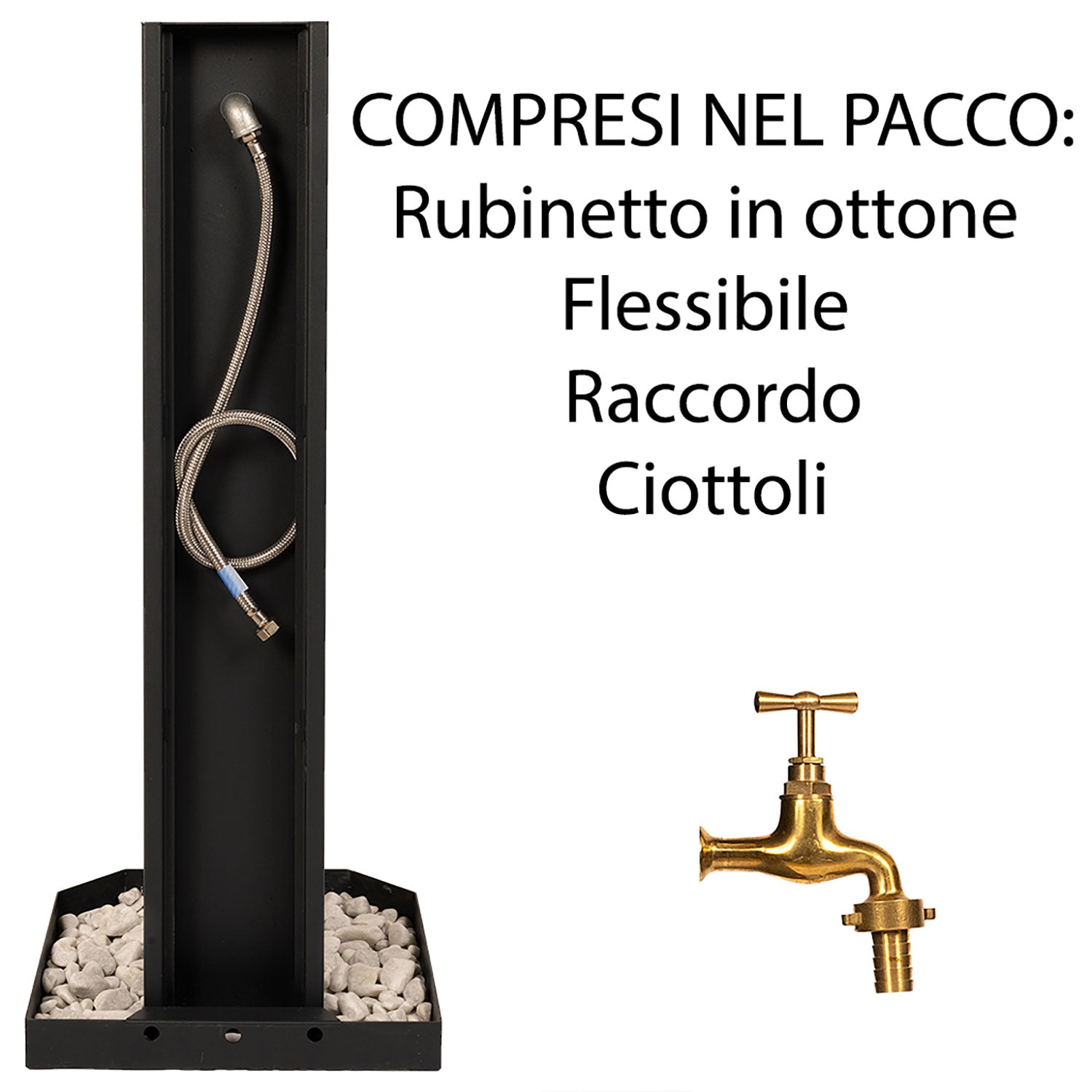Fontana da Giardino Design a Colonna Ovale Rubinetto in Ottone e Base con Ciottoli Corten