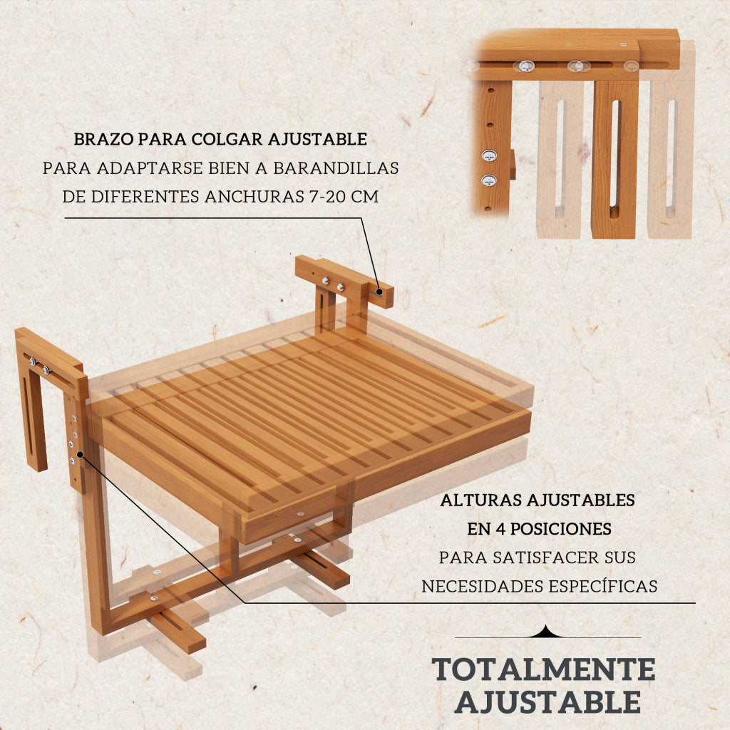 Tavolo da balcone pieghevole in legno con altezza regolabile ¨C zephmum ¨C 68x65x40,5-55 cm naturale