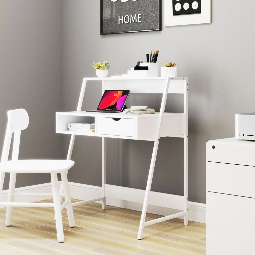 Scrivania Ufficio con Cassetti e Scaffale ¨C Zephmum ¨C Bianco Metallo