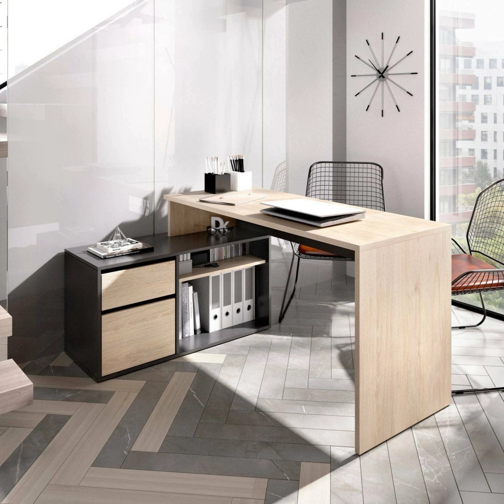 Scrivania Andor, Scrittoio multiposizione da ufficio o cameretta, Tavolo da studio angolare multiuso, 139x92h75 cm, Rovere e Antracite