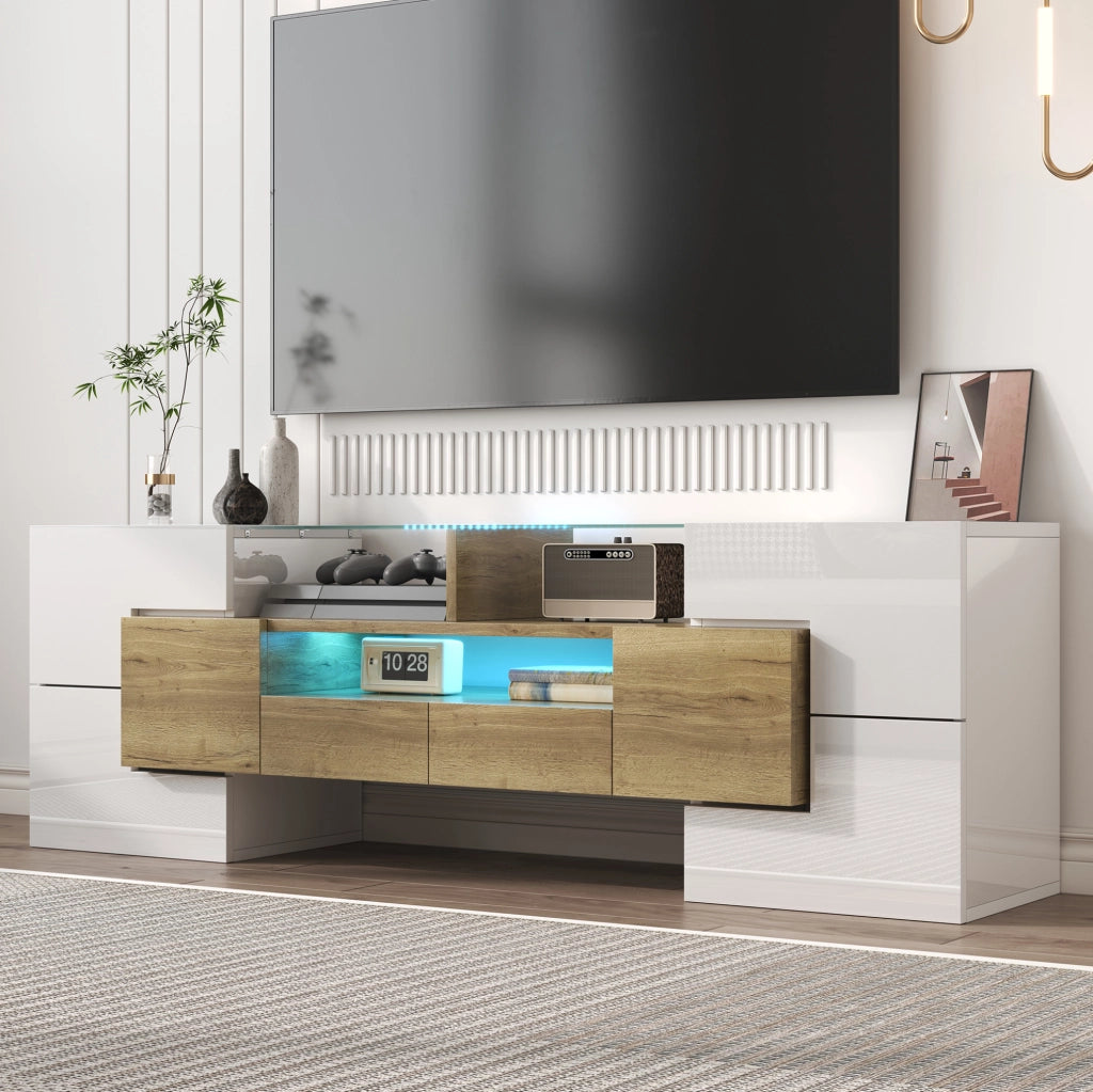 Mobile TV moderno bianco e oro con LED, 145 x 30 x 51 cm