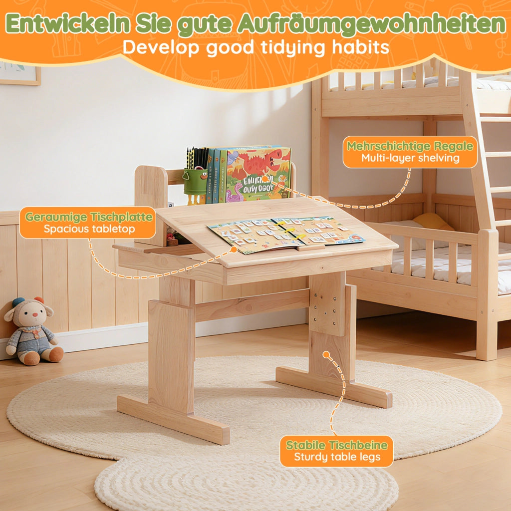 Scrivania lineare regolabile in altezza con piano inclinabile e leggio, per bambini, in legno massello naturale