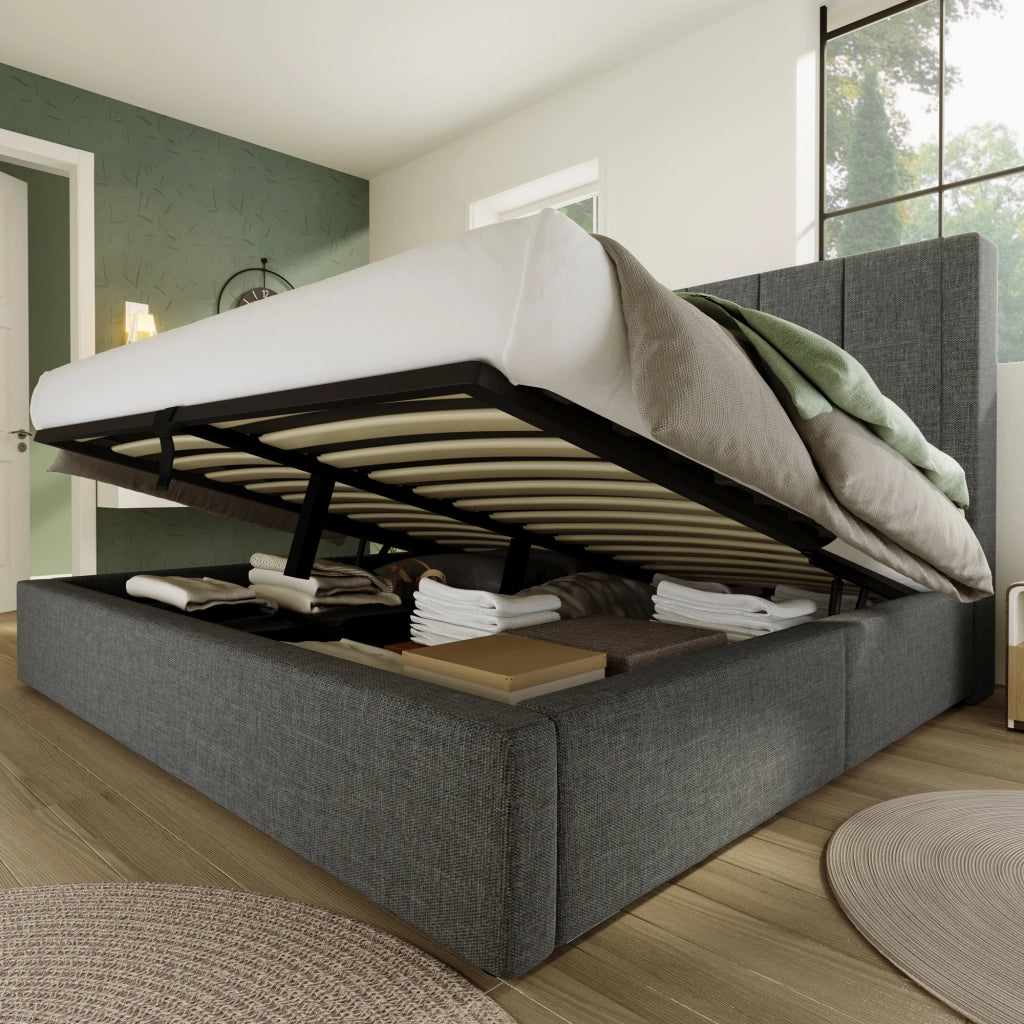 LETTO Contenitore 180x200 cm in lino grigio con USB e portabicchieri