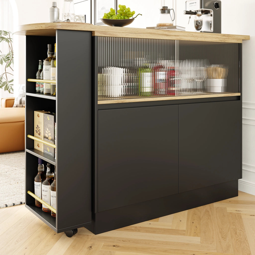 Mobile Bar Girevole a 360° con Ripiani Aperti e Anta Scorrevole in Vetro per Cucina e Sala da Pranzo in MDF Nero