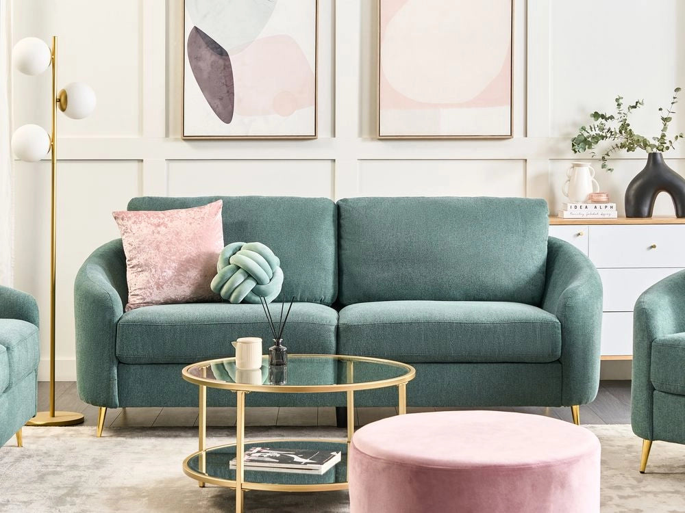Divano 3 posti in tessuto verde con piedi dorati curve morbide stile glamour elegante soggiorno