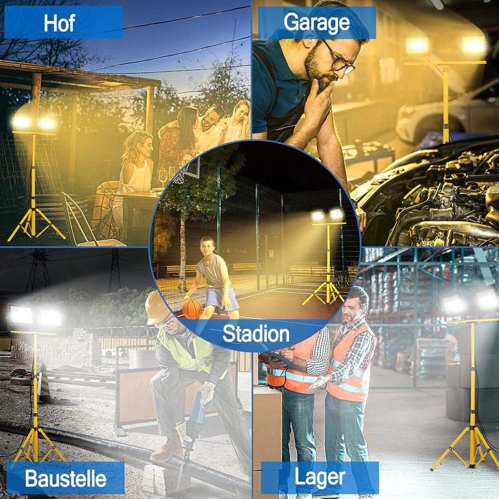 Faretto da costruzione, 2 x 100 W, 8500 lm, con treppiede e cavo da 3 m, luce bianca fredda, impermeabile, IP66, per garage, officina, cantiere