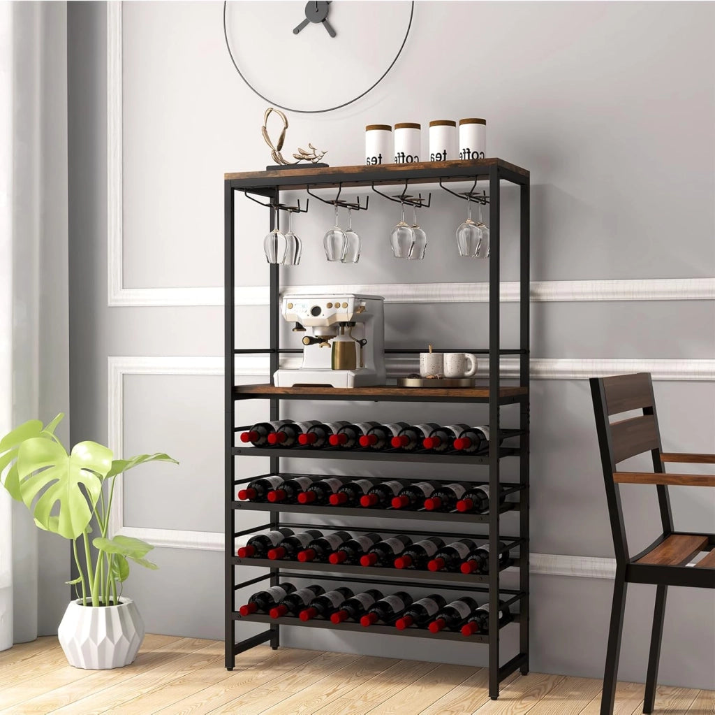 Portabottiglie Industriale Da Pavimento, Scaffale Per Vino a 6 Livelli Indipendente, Armadio In Metallo Con Righe Per 16 Tazze e 32 Bottiglie Per Cucina, Bar, Sala Da Pranzo, 80 x 30x140 cm