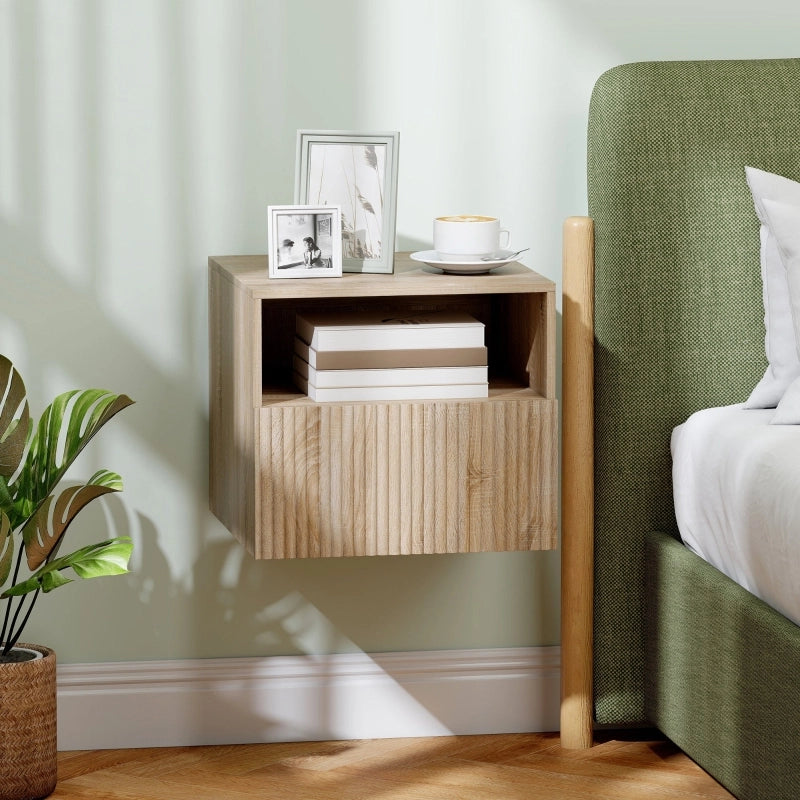 Comodino sospeso in effetto legno naturale, design senza maniglie, 1 cassetto e vano aperto, montaggio a parete