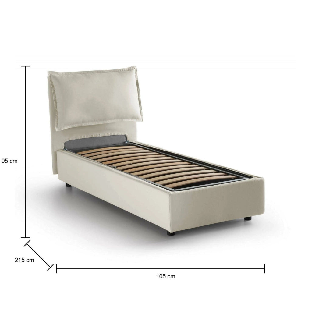 Letto singolo Abroghat, Letto contenitore con rivestimento in tessuto, Made in Italy, Apertura frontale, adatto per materasso cm 90x200, Beige