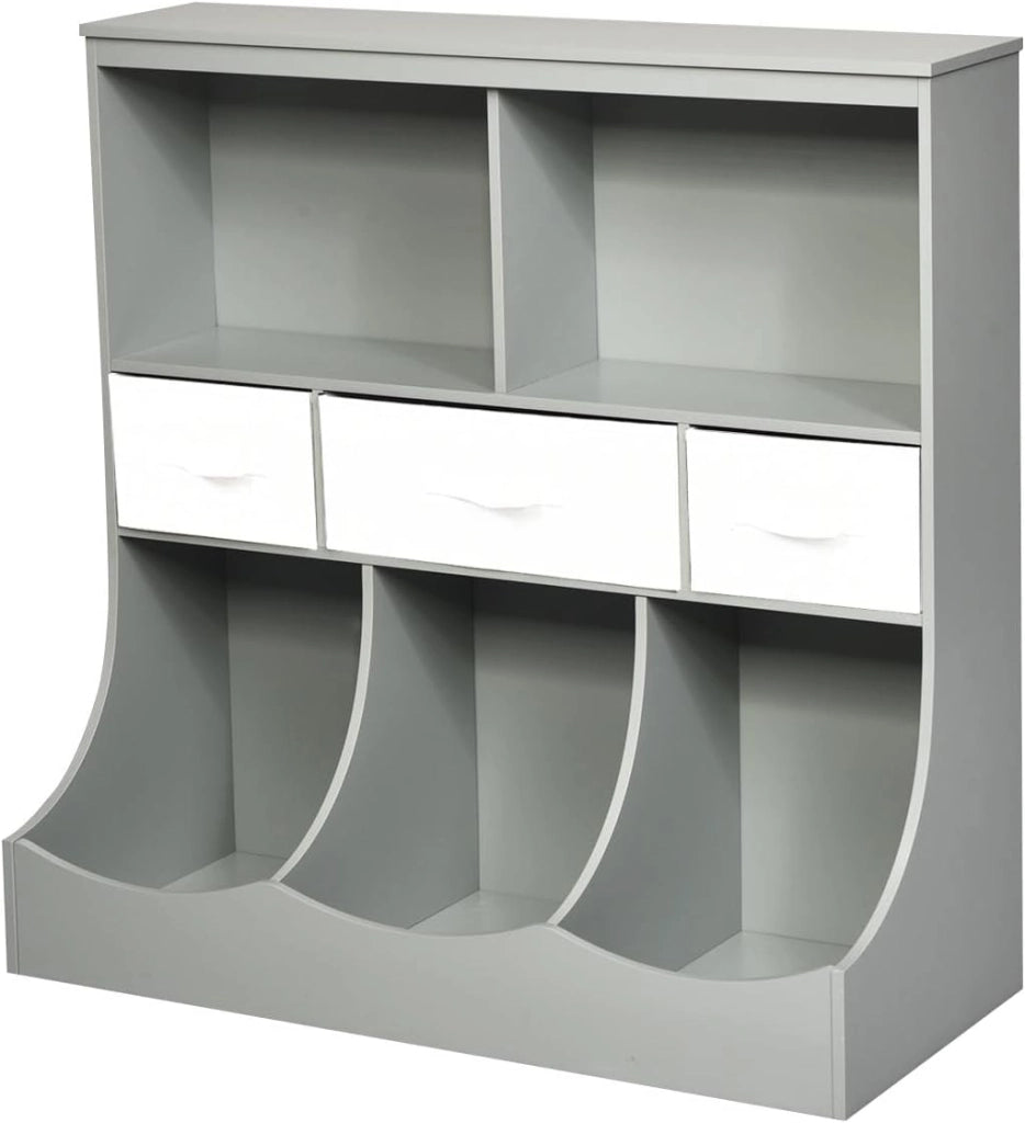Mobile portaoggetti multiuso per libri e giocattoli, armadietti di 2 diverse dimensioni, armadio per bambini, libreria aperta con 3 cassetti, 93 x 40 x 94 cm (grigio) (QF53080PAFR)