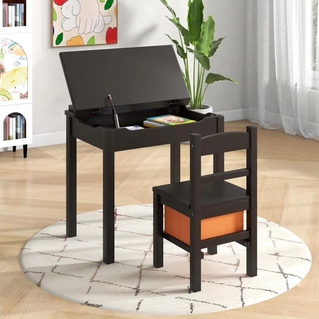 Set Tavolo e Sedia per Bambini, Scrivania Ribaltabile con Sedia per Bambini in Legno, con Cassetto e Gancio Estraibile, Bianco/Naturale (Nero)