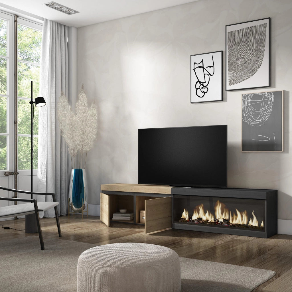 Mobile TV Soggiorno, 208x35x45cm, Per TV fino a 80", Camino elettrico XXL, colore Rovere e nero RF3266