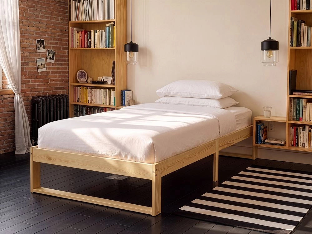 Letto singolo in legno di pino 90 x 200 cm con 3 gambe marrone chiaro stile minimalista