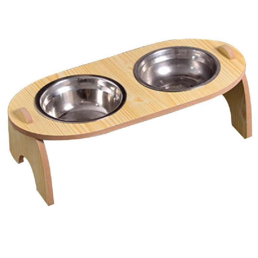 Trade Shop - Ciotola Doppia Rialzata Per Cani Gatti Con Base In Legno Per Animali Domestici -