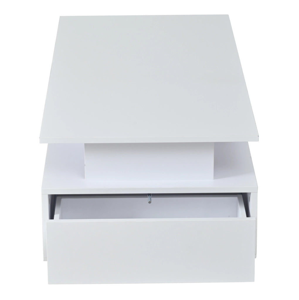 Tavolino da salotto 100 x 50 x 36 cm con 2 cassetti; LED; ripiani in vetro; bianco lucido
